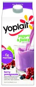 Yogurt Products Yoplait Yogurt and Juice Lower-Sugar Beverage Sweetened with monk fruit juice concentrate and stevia which help keep calories and