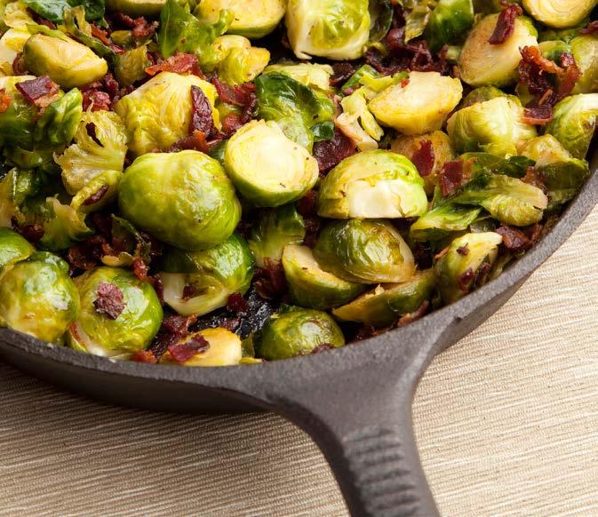 Brussels Sprouts with Facon SERVES 4-6 2 cups brussels sprouts, cut in half 1 tsp. olive oil 1 package Facon, diced 1/2 cup chicken or vegetable stock Salt and Pepper to taste 1.
