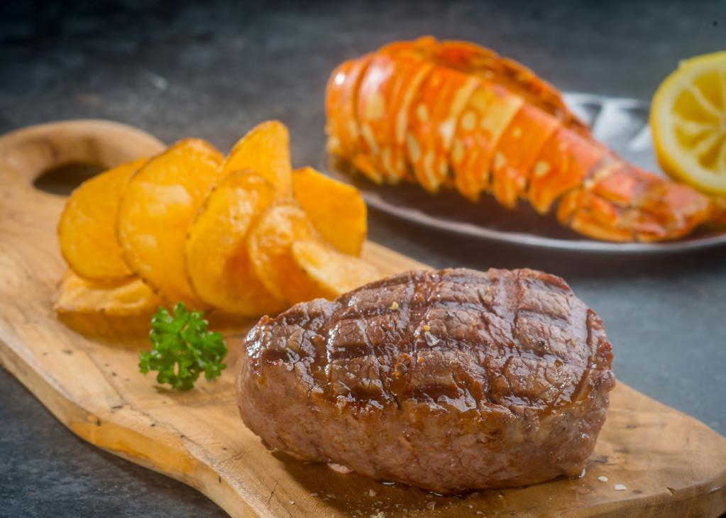 STEAKS SOUTH AFRICAN 100 to 120 days grain fed South African beef perfectly aged Served with two choices of side and sauce Ladies fillet 99 (180g) Fillet 129 (240g) 179 (400g) Rump 79 (280g) 99