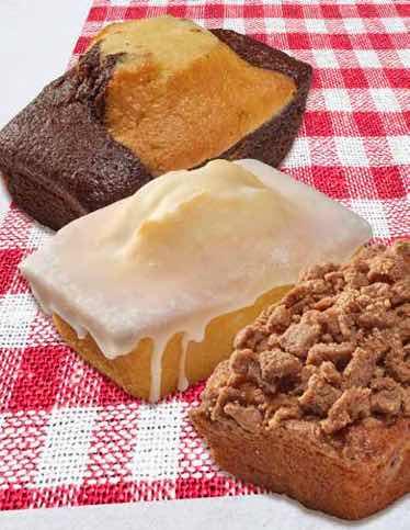 3 flavors include (3) Iced Lemon, (3) Cinnamon Crumb and (3) Marble Cake. Individually wrapped 4oz. loaf cakes. U D Contains: * $18.