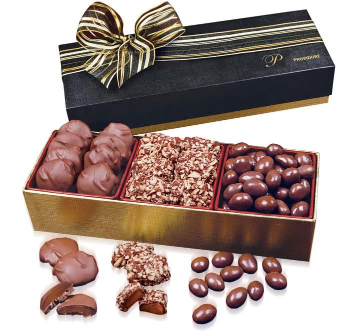 Gourmet Trio Collection Regal Trio English Toffee, 5oz. Pecan Turtles, 6oz. Chocolate Covered Almonds, 6oz. Item # P0314 Price: 35.00 Decoration: Your logo imprinted in gold on box lid.