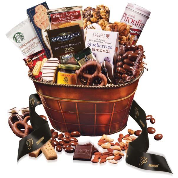 Grand Impressions Basket Collection Luxury Impressions Deluxe Mixed Nuts, 5 oz. Chocolate Covered Almonds, 6 oz. Water crackers, 2 oz. Chocolate Sea Salt Caramel Corn, 5 oz.