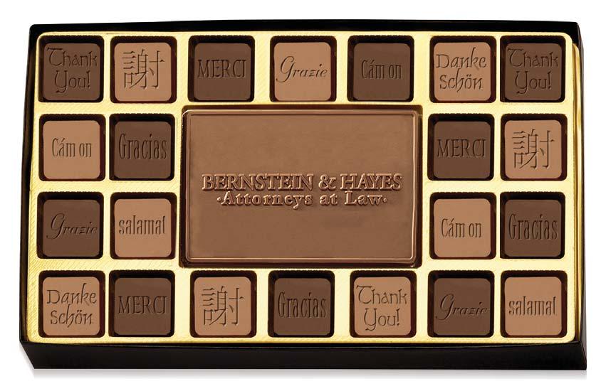 Chocolate Favors 45 Piece Custom Chocolate Assortment 44 delicious Belgian milk and dark chocolate Thank You squares stacked in two layers surrounding your custom 4" x 6" milk chocolate bar.