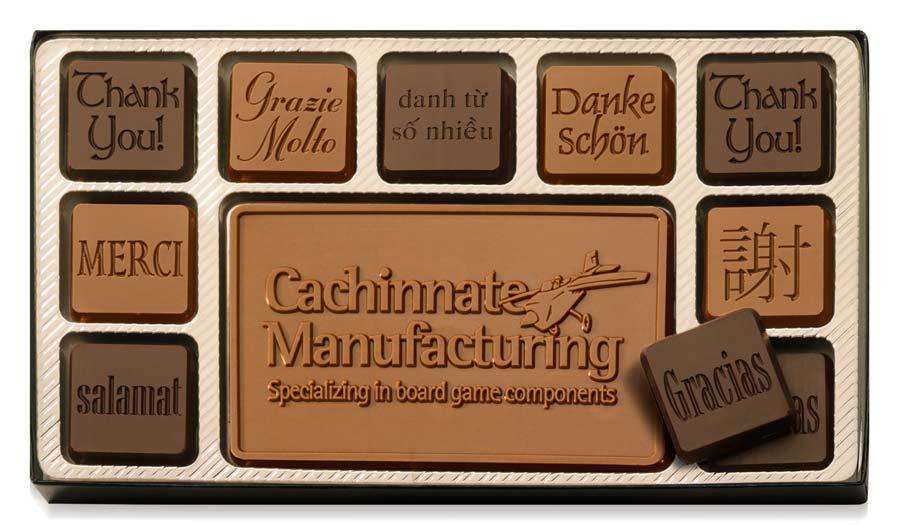 Chocolate Favors 19 Piece Custom Chocolate Assortment 18 delicious Belgian milk and dark chocolate Thank You squares stacked in two layers surrounding your custom 3" x 5" milk chocolate bar.