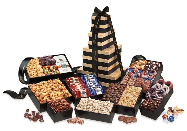 Extravaganza Tower Collection Extravaganza Premium Extravaganza Deluxe Jelly Belly Jelly Beans, 8 oz. Almond Pecan Honey Corn, 12 oz. Pecan Turtles, 6 oz. English Butter Toffee, 5 oz.