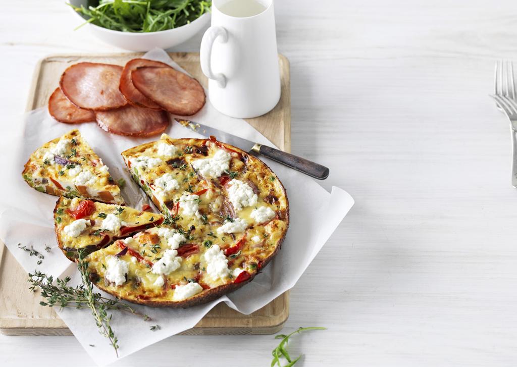 Vegetable frittata with rocket & crispy bacon ProPoints VALUES PER SERVE SERVES: 4 PREP: 15 MINS COOKING TIME: 20 MINS 200g sweet potato (kumara), cut into 1cm pieces 1 tbs Weight Watchers Canola