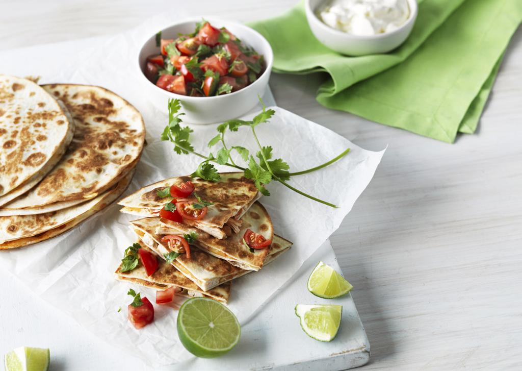 spicy and Spicy chicken & cheese quesadilla ProPoints VALUES PER SERVE SERVES: 8 PREP: 15 MINS COOKING TIME: 10 MINS 8 x 40g light flour tortillas ¹ ³ cup (80ml) medium tomato salsa ½ cup (60g) Bega