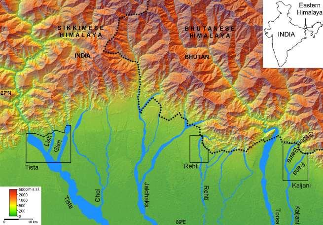 Study area The piedmont of the Eastern Himalaya forms a system of fans dissected by dense braided river network High rainfall reaching 4000-6000 mm annually cause frequent floods The present-day