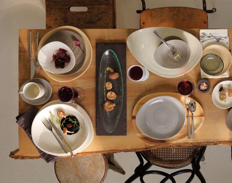 Natural and muted colours of the earthy melamine reflect the growing desire to merge dining