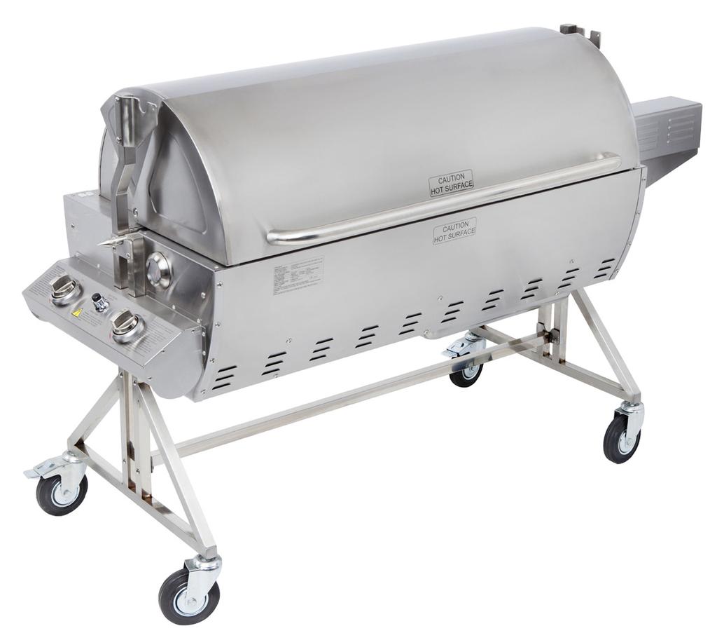 Deluxe Spit Roaster GSB250 FEATURES Stainless steel body Robust design with wheels for easy moving Includes 240V rotisserie motor rated at 70kg, one piece stainless steel shaft, two prongs, neck
