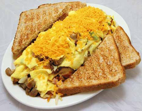 29 DENVER SKILLET * - A hearty helping of eggs, ham, green peppers and onions all scrambled together on a bed of golden hash browns and topped with cheddar cheese.