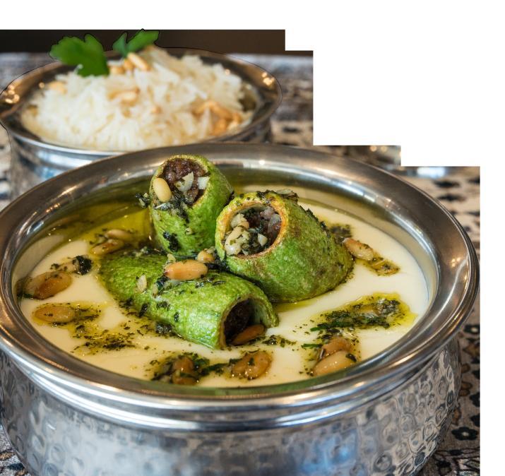 Mains T R A D I T I O N A L KOUSSA ABLAMA $35.99 Zucchini stuffed with marinated lamb minced meat. Served with yoghurt sauce, white rice & pine nuts KIBBEH LABNIYEH $35.