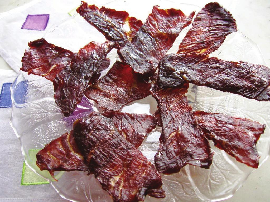 YIELD 1 POUND PREP TIME 2 1/2 HOURS COOKING TIME 4 HOURS Maple chili eef jerky 1 (2-POUND) TOP ROUND STEAK, TRIMMED OF ALL VISIBLE FAT 1/2 CUP SOY SAUCE 1/3 CUP PURE MAPLE SYRUP 1 TABLESPOON