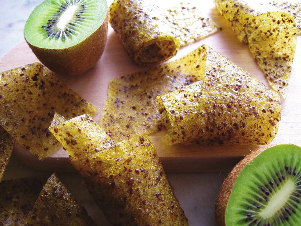YIELD 12 SERVINGS PREP TIME 15 MINUTES COOKING TIME 7 HOURS Kiwi f uit lea her 8 RIPE KIWIS, PEELED AND QUARTERED 1/4 CUP LIGHT AGAVE NECTAR Kiwi Fruit Lea her Line each of 4 trays with a nonstick