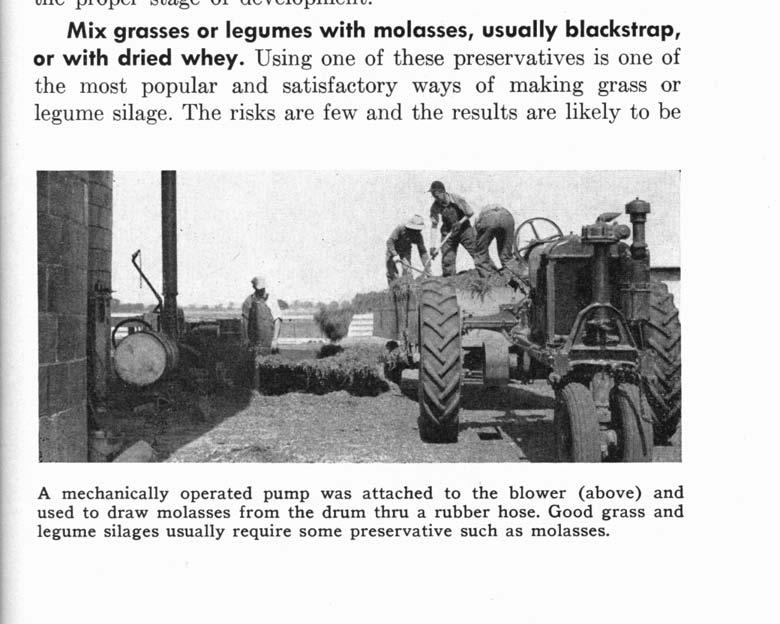 good silage than wilting the crop or waiting until it has reached the proper stage of development. Mix grasses or legumes with molasses, usually blackstrap, or with dried whey.