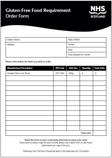 Ordering Your Gluten-Free Foods When it comes to ordering your foods, you will have to do so by completing a form like the one shown below, using the information from the table above.