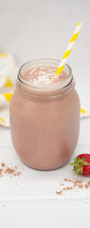 Lamington 30g Be Fit Blend Chocolate Protein Booster 50g Frozen banana 100g Frozen strawberries 1 Tsp Desiccated coconut 1 Tsp Cacao 300ml Unsweetened almond milk 50ml Water