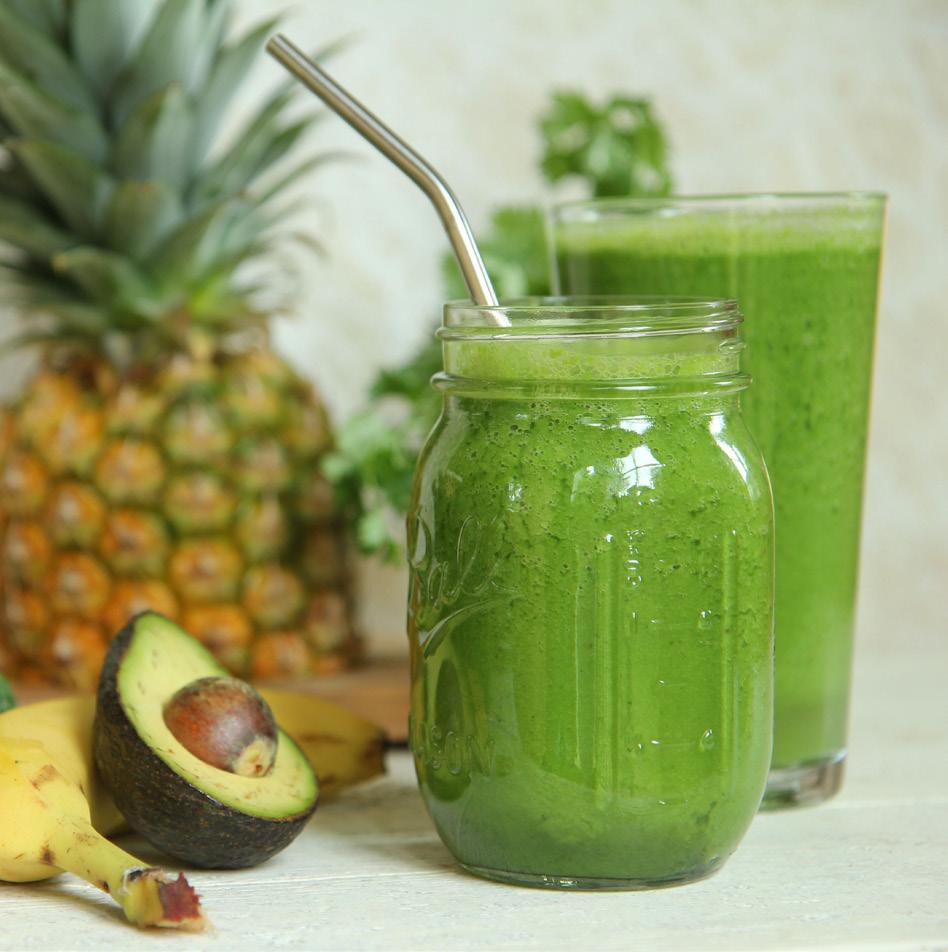 TROPICAL KALE Ingredients 2 cups Spinach 1 cup Pineapple 1 Lime 1/2 Avocado 1 Banana 2-3 cups Water Directions Blend in