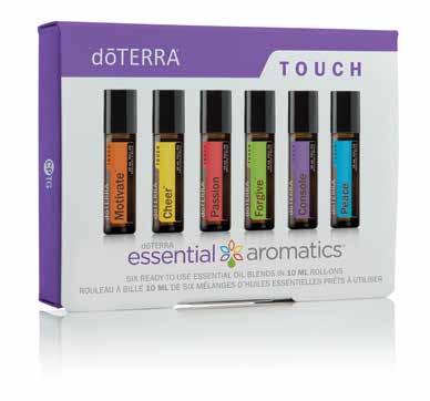 dōterra ESSENTIAL AROMATICS TOUCH The dōterra Essential Aromatics Touch Collection contains SIX unique essential oil blends combined with Fractionated Coconut Oil in 10 ml roll-ons for convenient and