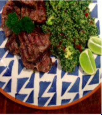 DINNER Diced Lamb Kebab with Tabouli Ingredients 90g diced lamb kebab 2 cups pre-made tabouli (pre-made supermarket) 30g low fat Feta cheese Directions 1.
