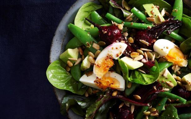Spinach, Beetroot and Egg Salad 2 bunches baby beetroot, stems trimmed cup water 200 g green beans, trimmed 00 g sugar snap peas, trimmed 2 avocado, seeded, peeled, chopped 50 g baby spinach leaves 2