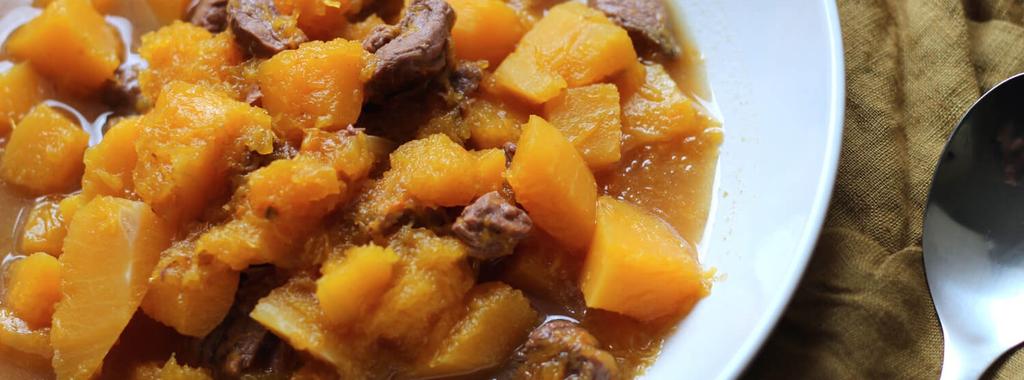 Slow Cooker Beef & Butternut Squash Soup 4 ingredients 8 hours 4 servings 1. Heat a skillet over medium heat. Add the beef and cook for 2-
