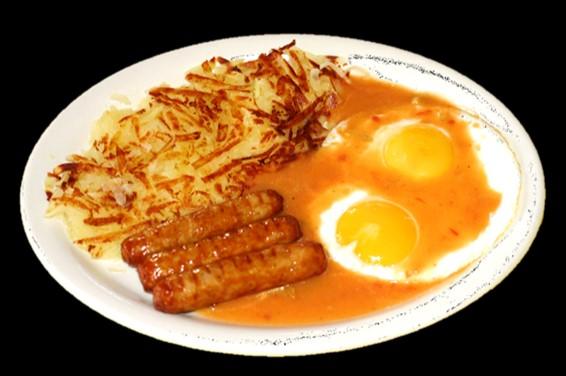 Breakfast SERVED UNTIL 11 AM DAILY. Egg Dishes Huevos Rancheros* Two (2) eggs cooked they way you like, smothered in green chile. Served with beans, round potatoes, rice and a tortilla.