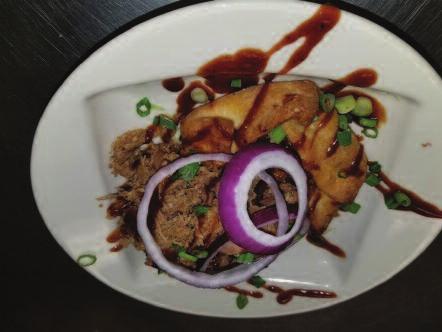 99 PORK APPLE GALETTE A warm apple filled pastry topped with smoked chopped pork, Louisiana Hot BBQ sauce, sliced red onion, and chopped green onion. $11.