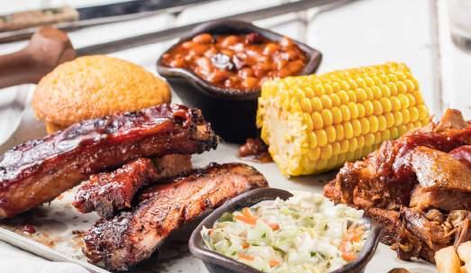 of either Texas Beef Brisket or Georgia Pork, Creamy Coleslaw, Famous Fries, Wilbur Beans, Sweet Corn and Corn Bread Muffins. Serves 4-6 people. Feast For 2 (4170-4200 Cal.) 2 $38.