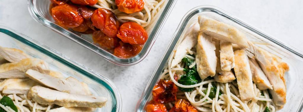 Meal Prep Spaghetti with Chicken, Spinach & Tomatoes 8 ingredients 30 minutes 4 servings 1. Preheat oven to 450 degrees F and line baking sheets with foil. 2.