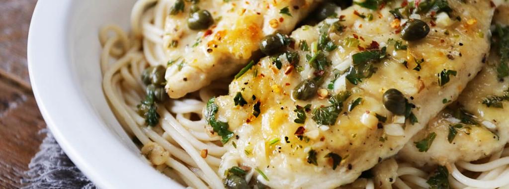 Chicken Piccata with Pasta 12 ingredients 30 minutes 2 servings 1. Cook brown rice spaghetti according to the directions on the package. Run under cold water once cooked to prevent from over cooking.
