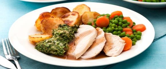 ROAST CHICKEN DINNER Approx. 40 portions. 14 Chicken Breast Stuffing Mix 5kg Peeled Potatoes Bisto Gravy Granules Vegetable Oil 1. Cut potatoes into quarters and steam in oven for 14 minutes. 2.