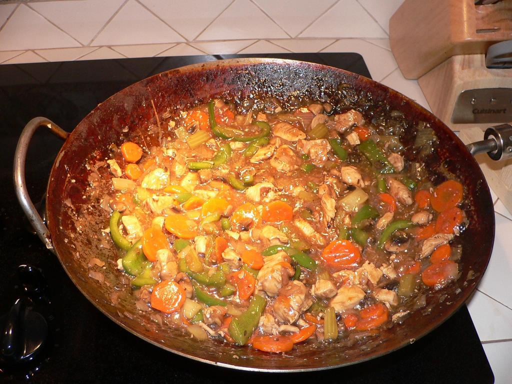 Stir-fry fry (meat, fish, or vegetables) rapidly over