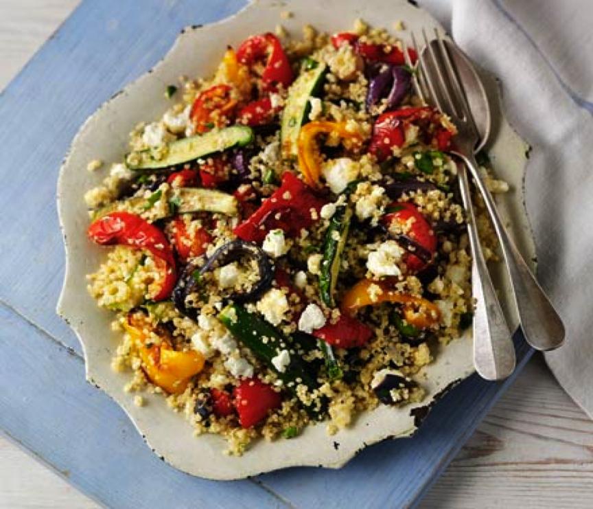 Quinoa With Roasted Veggies (serves 8 large portions) Chopped veggies to roast: (Use any combo of or all depending upon your taste) The ones with the * are the veggies I use consistently in this