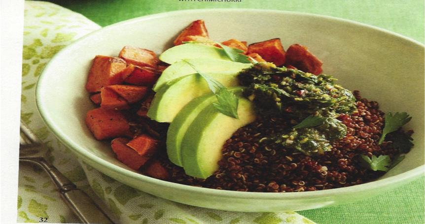 Sweet Potato Bowl with Chimichurri (serves 4) 2 large sweet potatoes, skin on, finely diced (1 ½-2lbs) 1-tablespoon olive oil 1 cup cooked red quinoa - heated 2 small ripe avocados, sliced and peeled