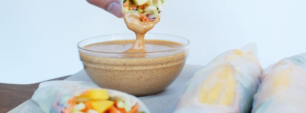 Mango Veggie Spring Rolls with Almond Butter Dip 14 ingredients 30 minutes 3 servings 1.