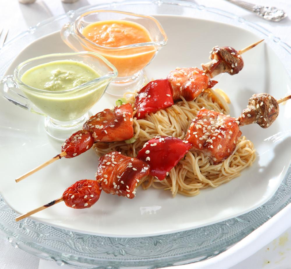 SKEWERS 1 Preheat the oven to 350 F. 2 Combine the teriyaki sauce, brown sugar, and ketchup in a shallow bowl or ziptop bag.