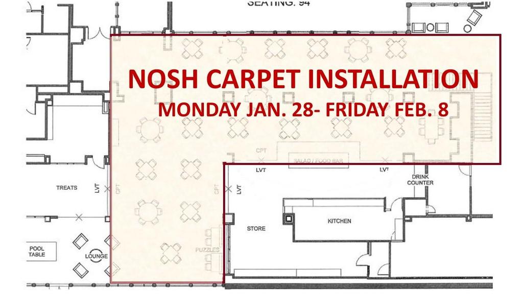 NOSH CONSTRUCTION UPDATES Nosh Master Plan January 28- February 8 Carpet will be installed over slate floor through lower level New Salad Bar Install approx.