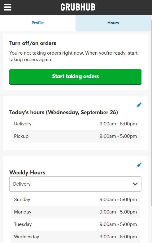 Orders Orders Start/Stop taking orders If you need to temporarily pause orders due to an unexpected staffing issue, weather-related issue, or anything else that will prevent you from completing
