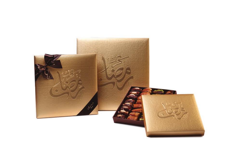 RAMADAN KAREEM BOXES Rich gold boxes with embossed seasonal greeting SMALL MEDIUM LARGE CONTENTS P23626260 P23626261 P23626262 ASSORTED DATES 525g 870g