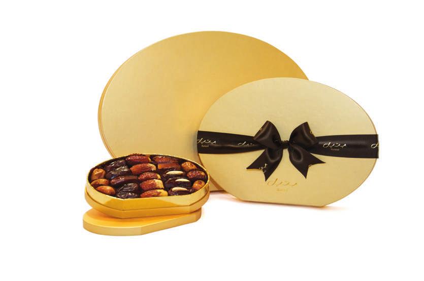 GOLD OVAL BOXES Oval boxes in a rich gold finish SMALL MEDIUM LARGE CONTENTS P23625171 P23625172 P23625173 ASSORTED DATES 275g 610g 1165g