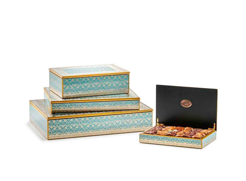 ROYAL TURQUOISE CHESTS A refined collection of elegant wooden gift boxes with an intricate silver design SMALL, MEDIUM, SMALL, LARGE, ONE LAYER ONE LAYER TWO LAYER TWO LAYER CONTENTS P50000049