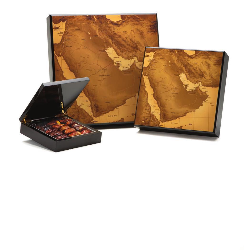 GULF MAP COLLECTION Lavish dark wooden boxes featuring an old map of the Arabian peninsula SMALL, MEDIUM, MEDIUM, LARGE, ONE LAYER ONE LAYER TWO LAYERS ONE LAYER CONTENTS P23612116 P23612131