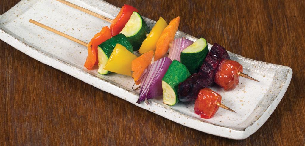 Rainbow vege kebabs Ingredients Serves 2 (makes 4) 4 cherry tomatoes capsicum, deseeded, e.g. red, yellow, orange, green /4 carrot, peeled /2 courgette /4 red onion, peeled /4 beetroot, washed 2 teaspoons oil pepper to taste Method.