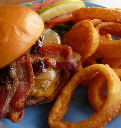 burger with American cheese, bacon, lettuce & tomato, served on a grilled bun $6.49 / $8.