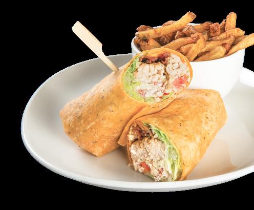 Club Wrap Chicken breast, bacon, tomato, garlic mayo, cheese and lettuce rolled in a tomato-basil tortilla.