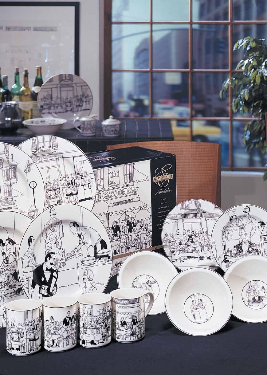 Le Restaurant Pattern No. - E120 Le Restaurant is a quirky, fun pattern which features a series of amusing French bistro cartoons on an ivory porcelain body.