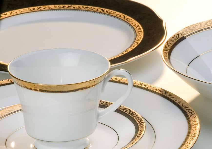 Regent Gold Pattern No. - 4332 Elegant and luminous Regent Gold features a richly embossed 22K gold band contrasting against a fi ne black line, all on a crisp white porcelain body.