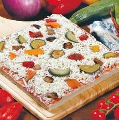 Vegetarian pizza slice Soft wheat flour, type 0, water, tomato pulp, mozzarella, diced grilled aubergines, diced grilled courgettes, red and yellow peppers, natural yeast, lard, salt, malted grain