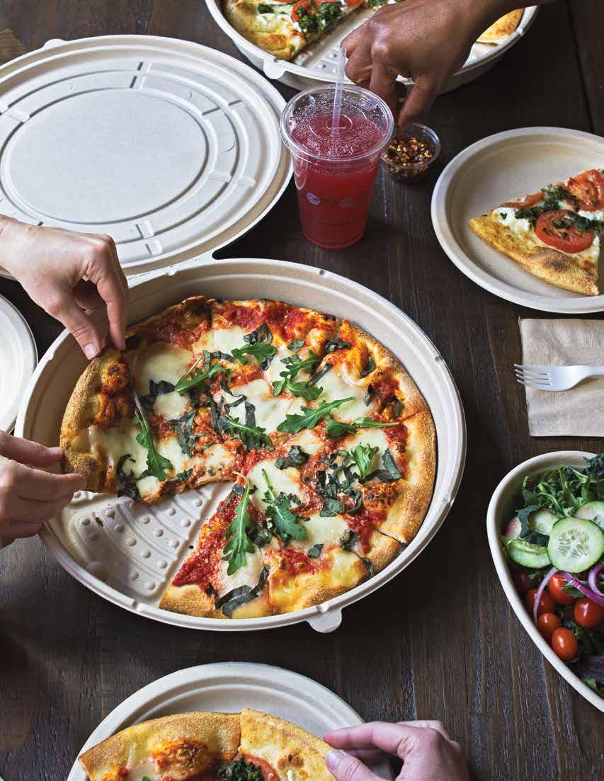 NEW PIZZAROUND TM CONTAINER AND FIBER PLATES The new PizzaRound is the first 100% tree free, plant based, compostable pizza container from World Centric.